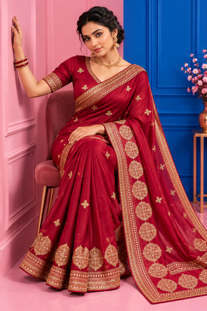 Premium Vichitra Silk Saree with Heavy Zari Sequins Work, Butti & Cutwork Border