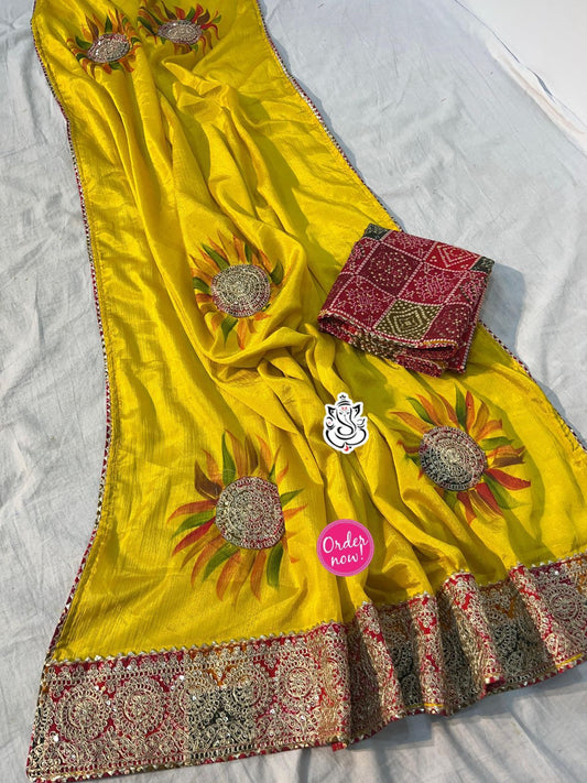 Sunflower Print Silk Saree with Rich Embroidered Border – Festive Wear