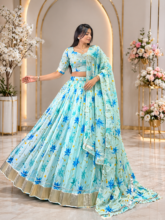 Elegant Floral Tabby Silk Lehenga Set with Dupatta – Premium Party Wear Collection