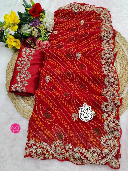 Designer Bandhani Style Printed Saree with Embroidery Border – Festive Wear Collection