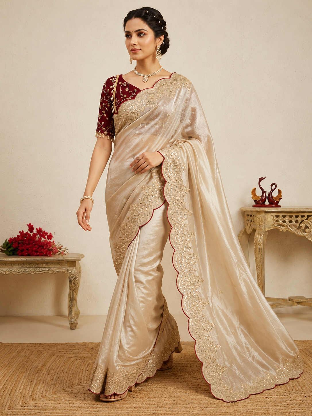 Cream Soft Jimmy Chuu Saree with Sequins & Zari Embroidery Work