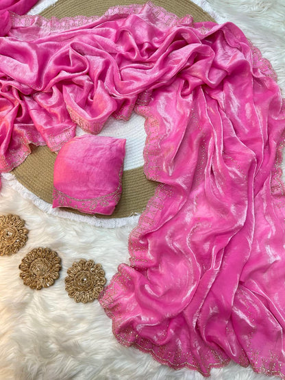 Rupali Pink Space Silk Saree with Hand Jharkhand Cutdana Border & Designer Blouse