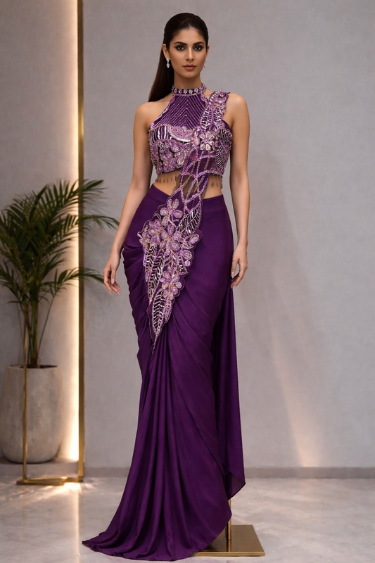 Super Trending Star Georgette Embroidery Sequence Ready To Wear Saree With Designer Blouse