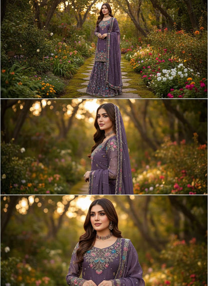 5000 Series Premium JMC Silk Anarkali Sharara Set with Heavy Embroidery & Dupatta