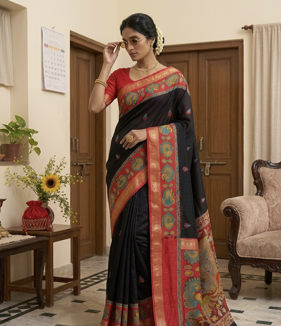 Mangalagiri Mulmul Cotton Saree with Floral Print & Jacquard Border | Lightweight Daily & Festive Wear