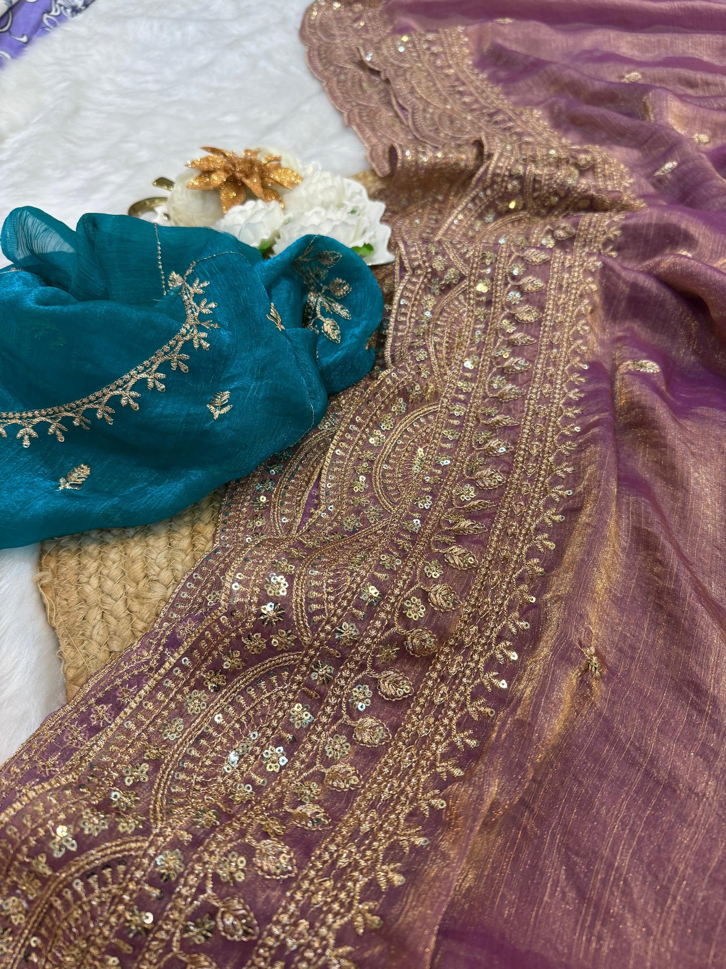 Elegant Space Chiffon Embroidery Saree with Scallop Border