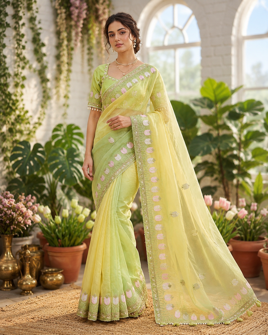 Lotus Soft Fendy Satin Saree With Embroidery Sequence & Thread Work Border