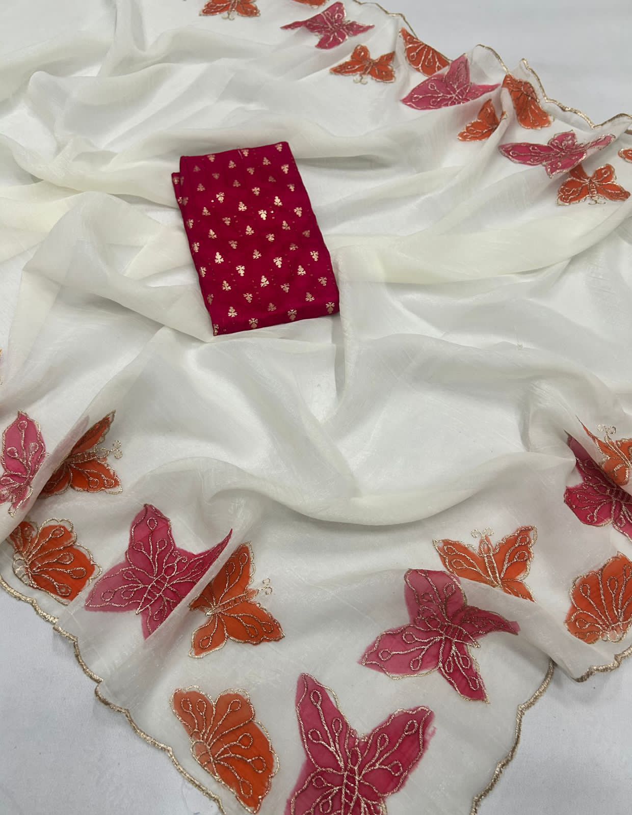 Crunchy Chiffon Embroidered Saree with Contrast Sequin Blouse