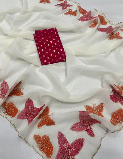 Crunchy Chiffon Embroidered Saree with Contrast Sequin Blouse