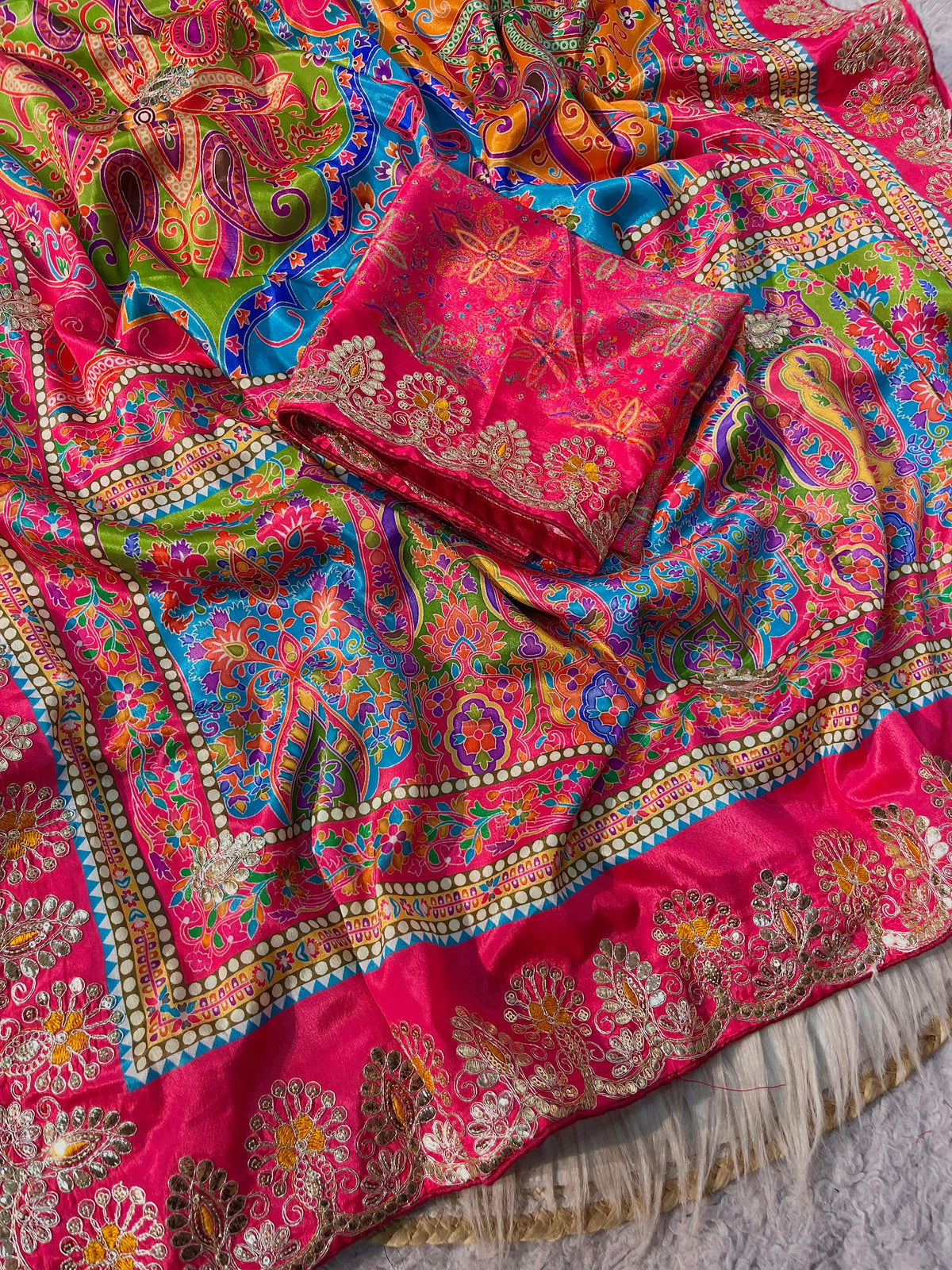 Latest Chinon Digital Print Kalamkari Inspired Saree with Gotapatti Work