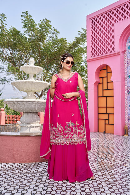 Haldi Special Designer Kurti Plazzo Dupatta Set with Moti & Embroidery Work