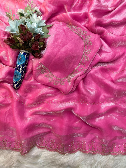 Rupali Pink Space Silk Saree with Hand Jharkhand Cutdana Border & Designer Blouse