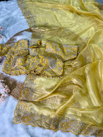 Elegant Crystal Crush Tissue Saree – Designer Embroidered Party Wear