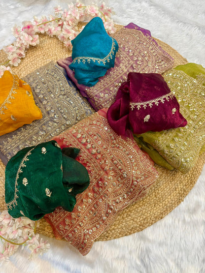Elegant Space Chiffon Embroidery Saree with Scallop Border