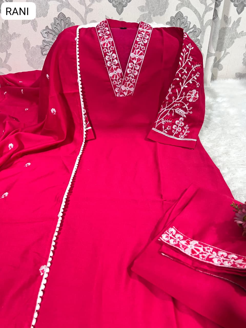 Premium Roman Silk Embroidered Kurti Pant Dupatta Set | Elegant Party Wear Kurti Set