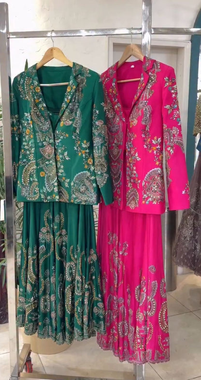 Designer Party Wear Embroidery Jacket Palazzo Set – Heavy Chinon 3 Piece Outfit
