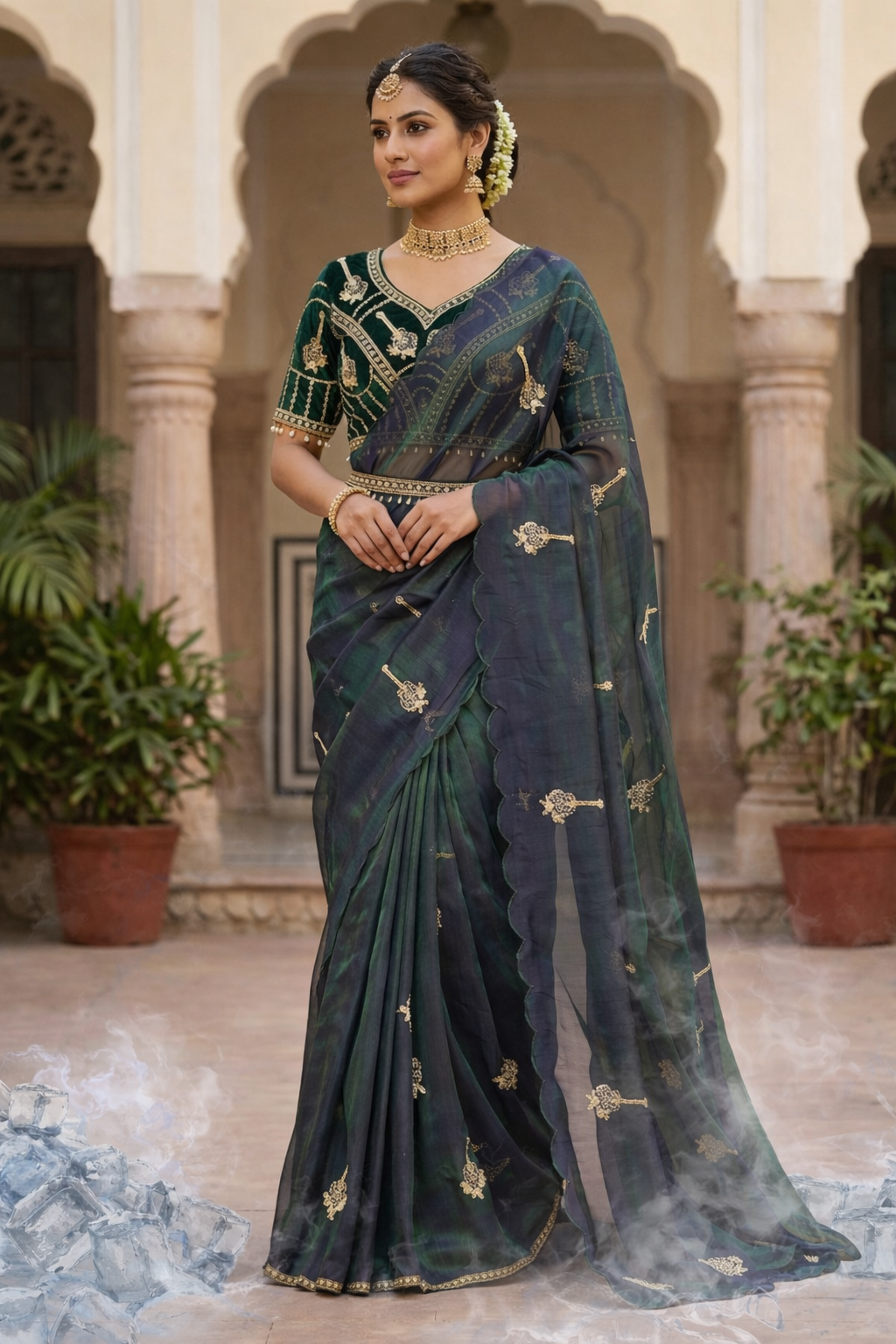 Bollywood Style Fandy Satin Saree with Khatli Embroidery Work & Designer Blouse