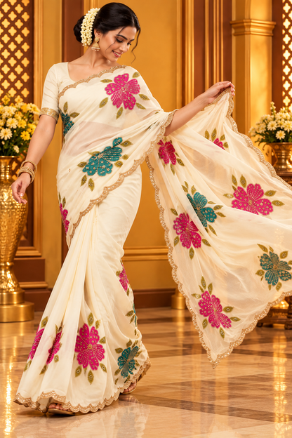 Premium Rangoli Silk Saree with Beads Work, Brush Print & Cutwork Border