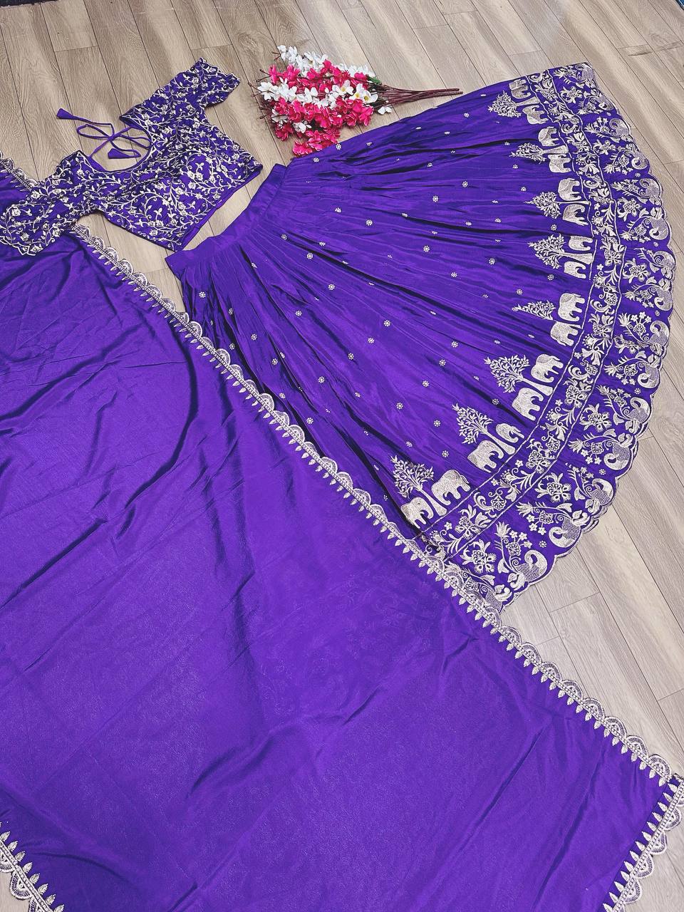 Royal Purple Chinon Embroidered Lehenga Choli With Dupatta – Festival Special