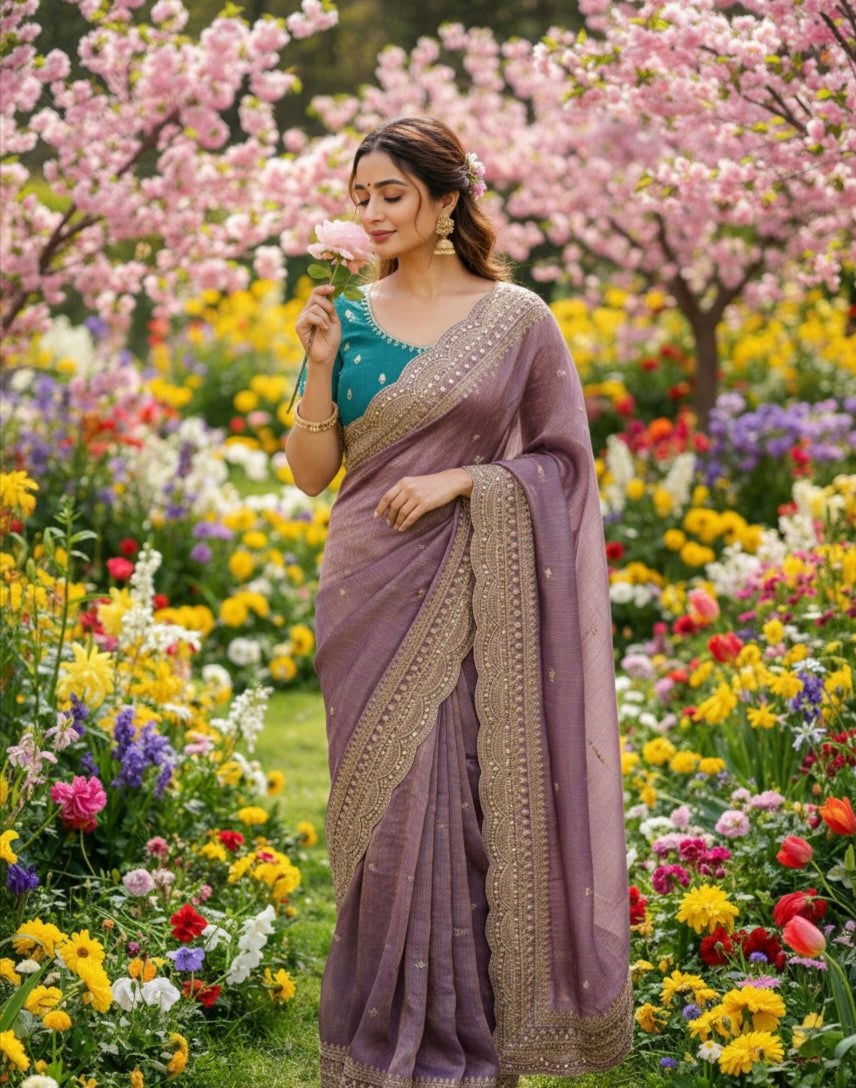 Elegant Space Chiffon Embroidery Saree with Scallop Border