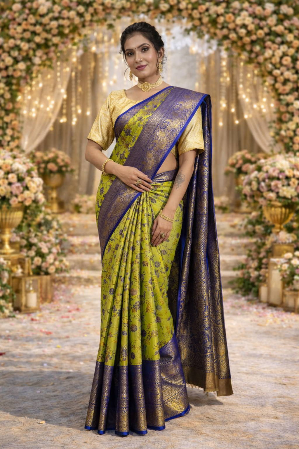 Pure Kanjivaram Silk Saree With Rich Zari Weaving & Contrast Border