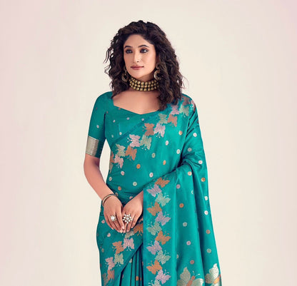 Teal Green Butterfly Printed Silk Look Saree