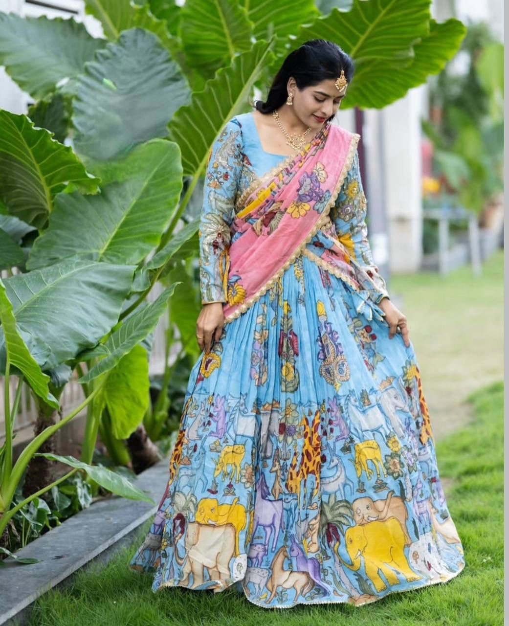 Kalamkari Print Cotton Lehenga Choli with Dupatta