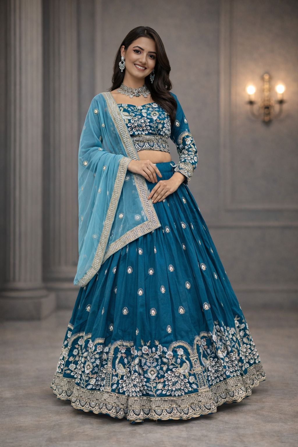 Designer Vichitra Silk Embroidered Lehenga Choli with Dupatta