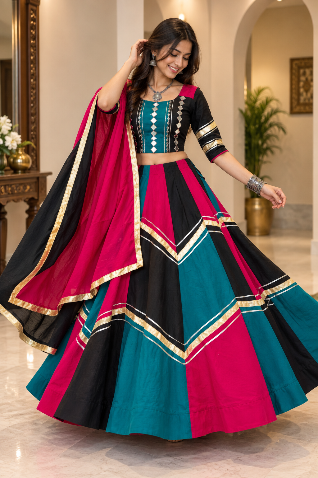 Navratri Special Roman Silk Lehenga Choli with Real Mirror Work | 6+ Meter Flair