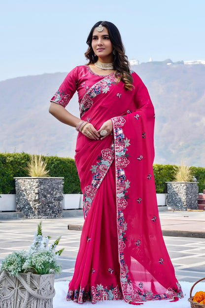 Pure Satin Chiffon Embroidery Wedding Saree with Latkan & Mono Silk Blouse – Festival Special
