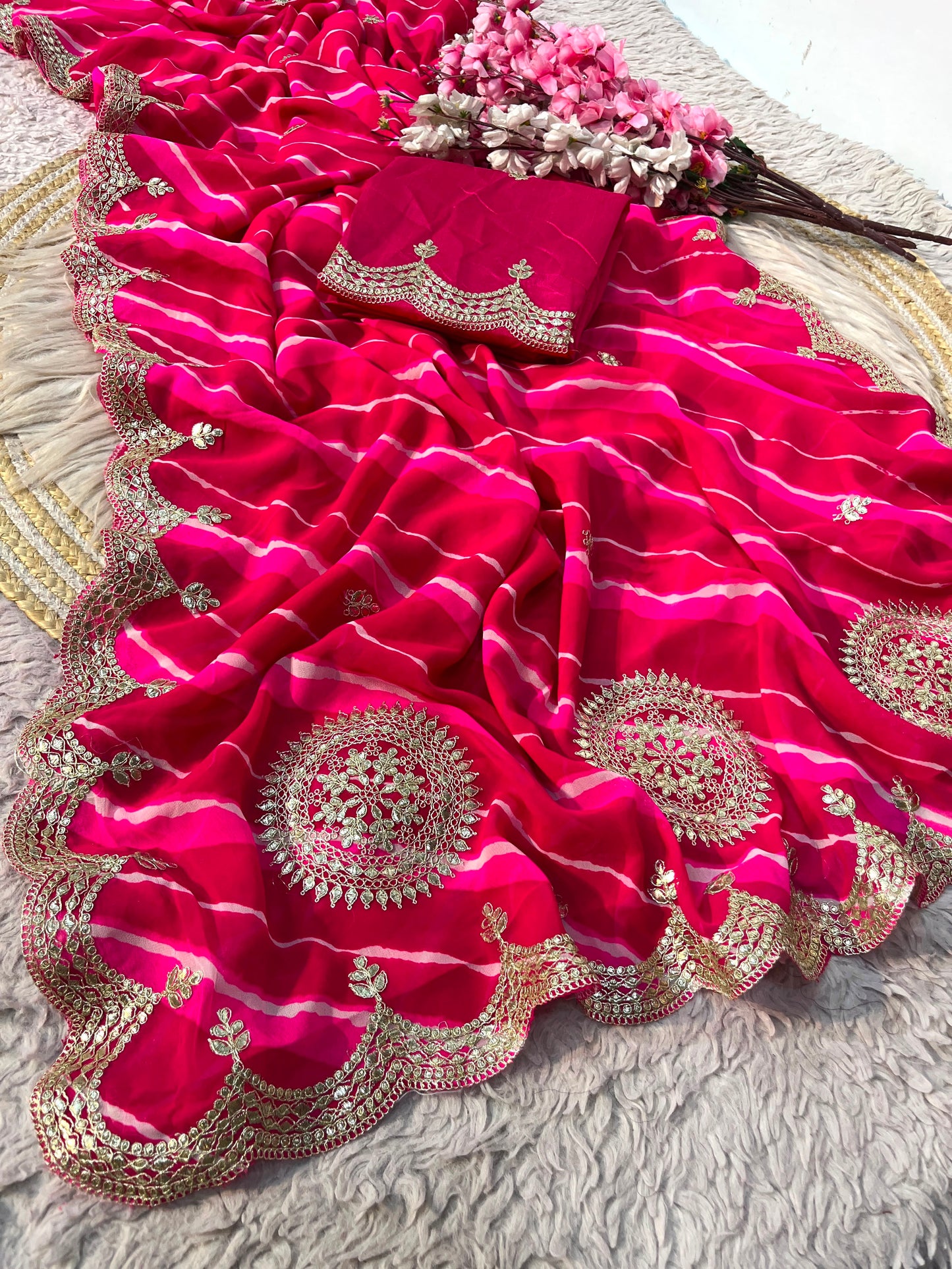 Traditional Leheriya Georgette Saree with Heavy Foil Gota Work & Cutwork Border