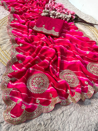 Traditional Leheriya Georgette Saree with Heavy Foil Gota Work & Cutwork Border