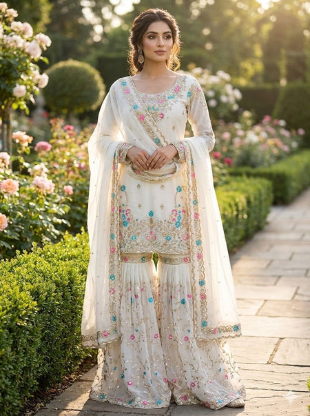 5000 Series Premium JMC Silk Anarkali Sharara Set with Heavy Embroidery & Dupatta
