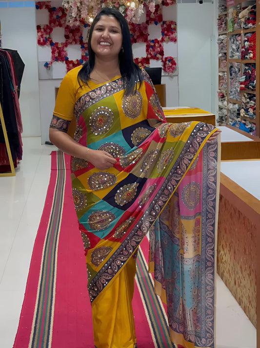 Yellow Mirror Chinon Saree with Digital Print & Mirror Work
