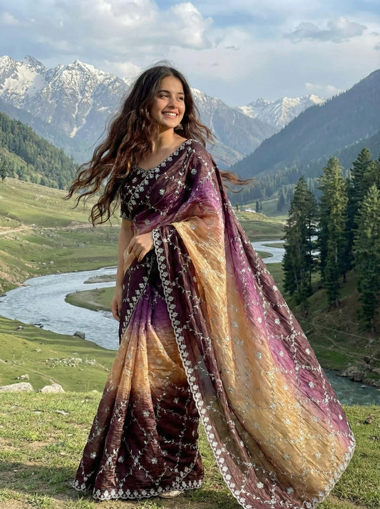 Gold Crush Embroidery Sequence Work Saree With Fully Stitched Blouse (5 Colours)