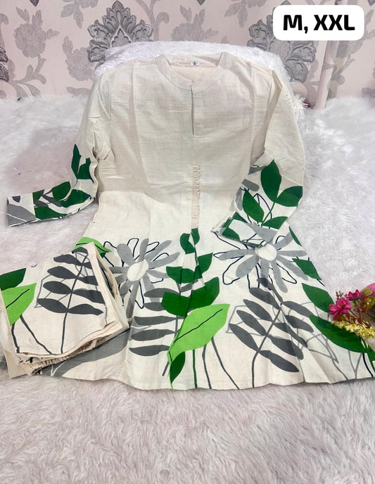 Best Seller Cream Floral Printed Cotton Kurti Set | Only L Size