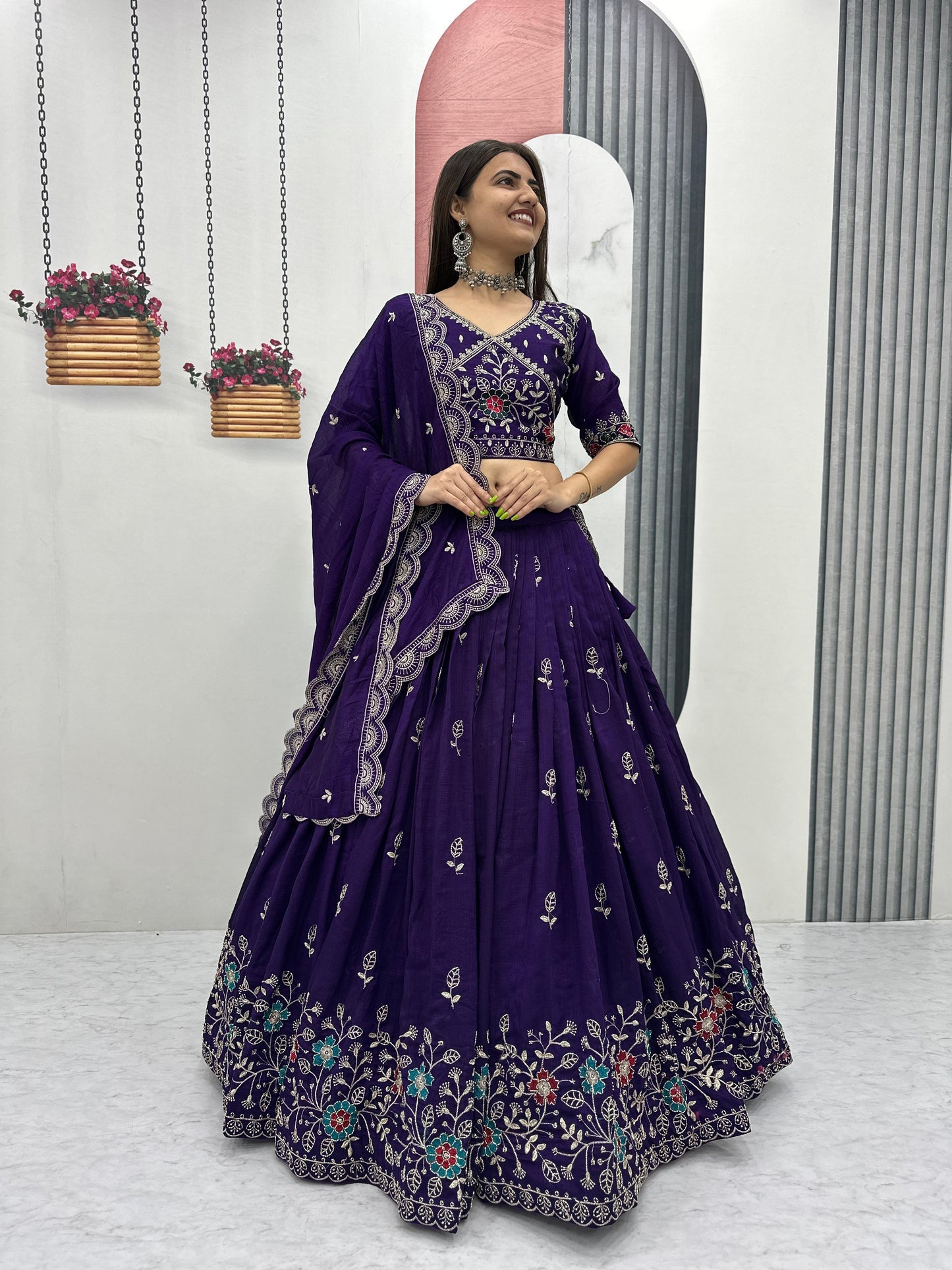 Festival Wear Vichitra Silk Embroidered Lehenga Choli Set