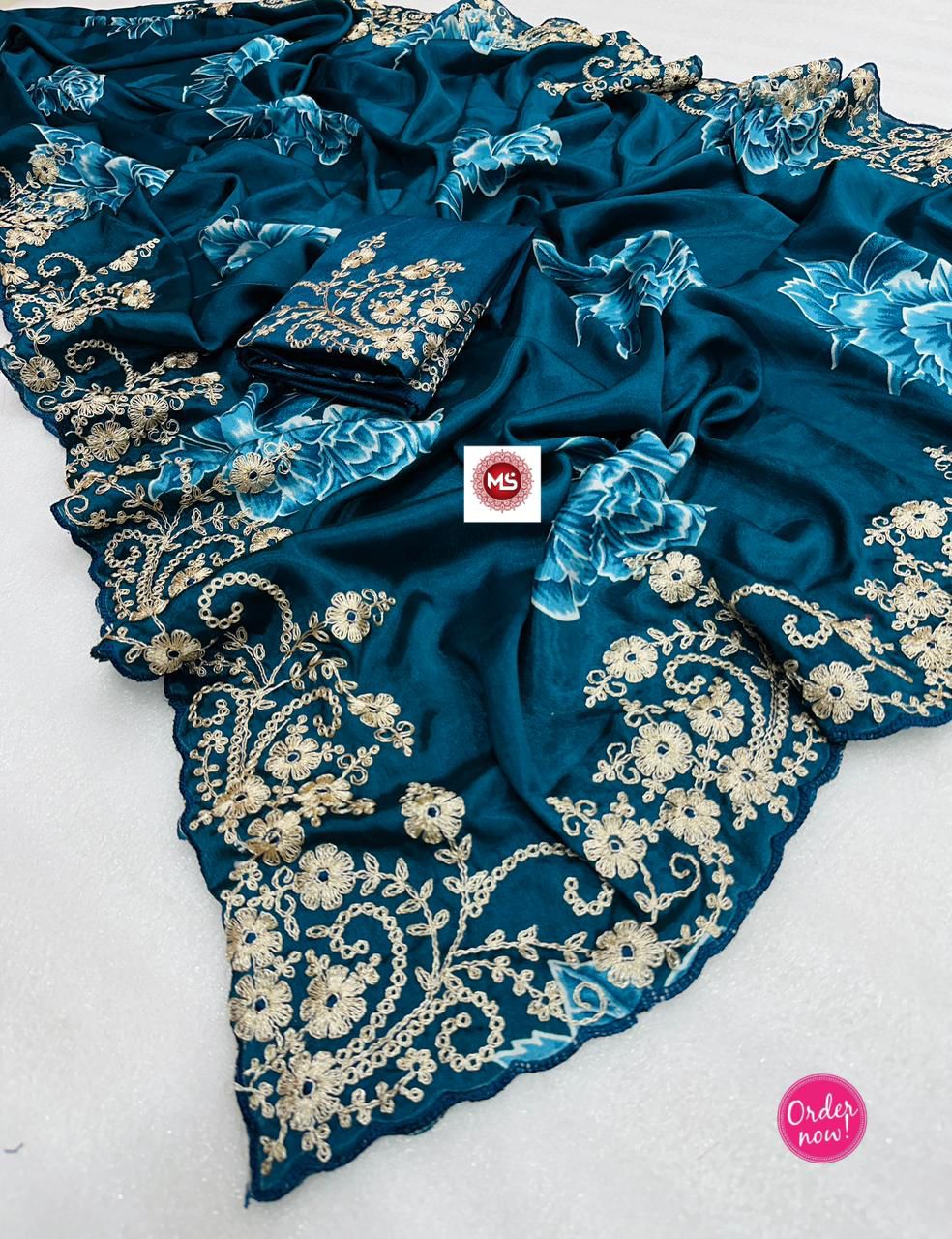 Designer Floral Embroidered Silk Saree with Rich Zari Work