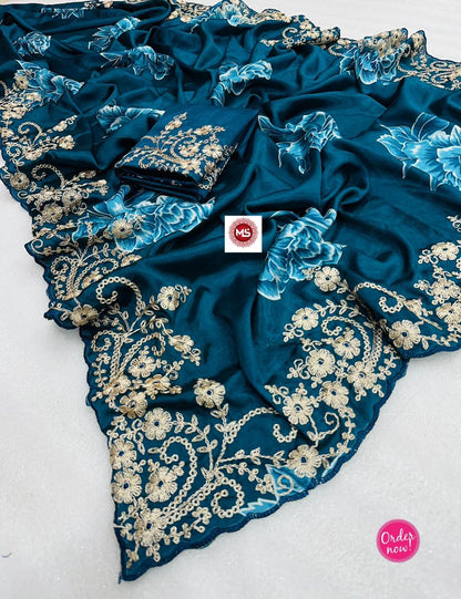 Designer Floral Embroidered Silk Saree with Rich Zari Work