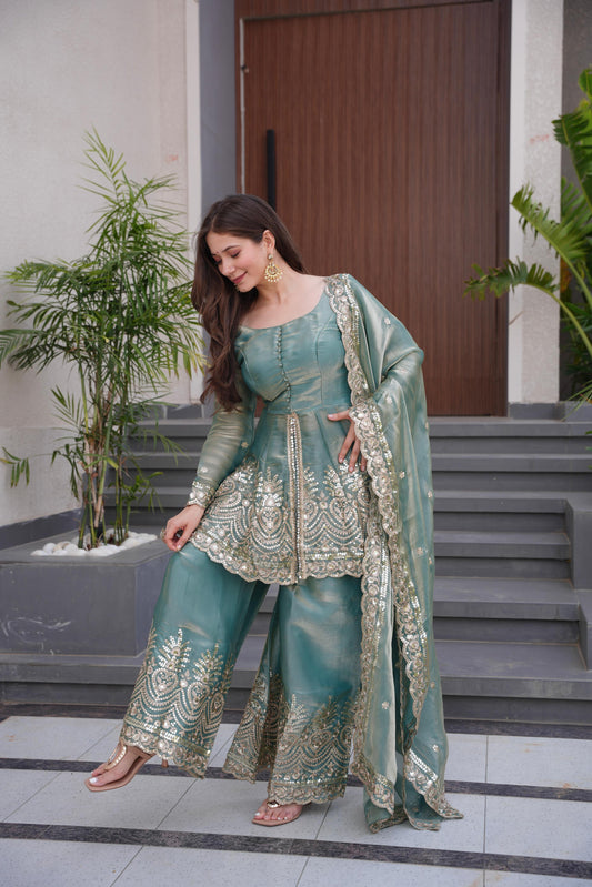 Heavy Two Tone Fendy Silk Sharara Suit With Embroidery Sequins & Mirror Work Dupatta