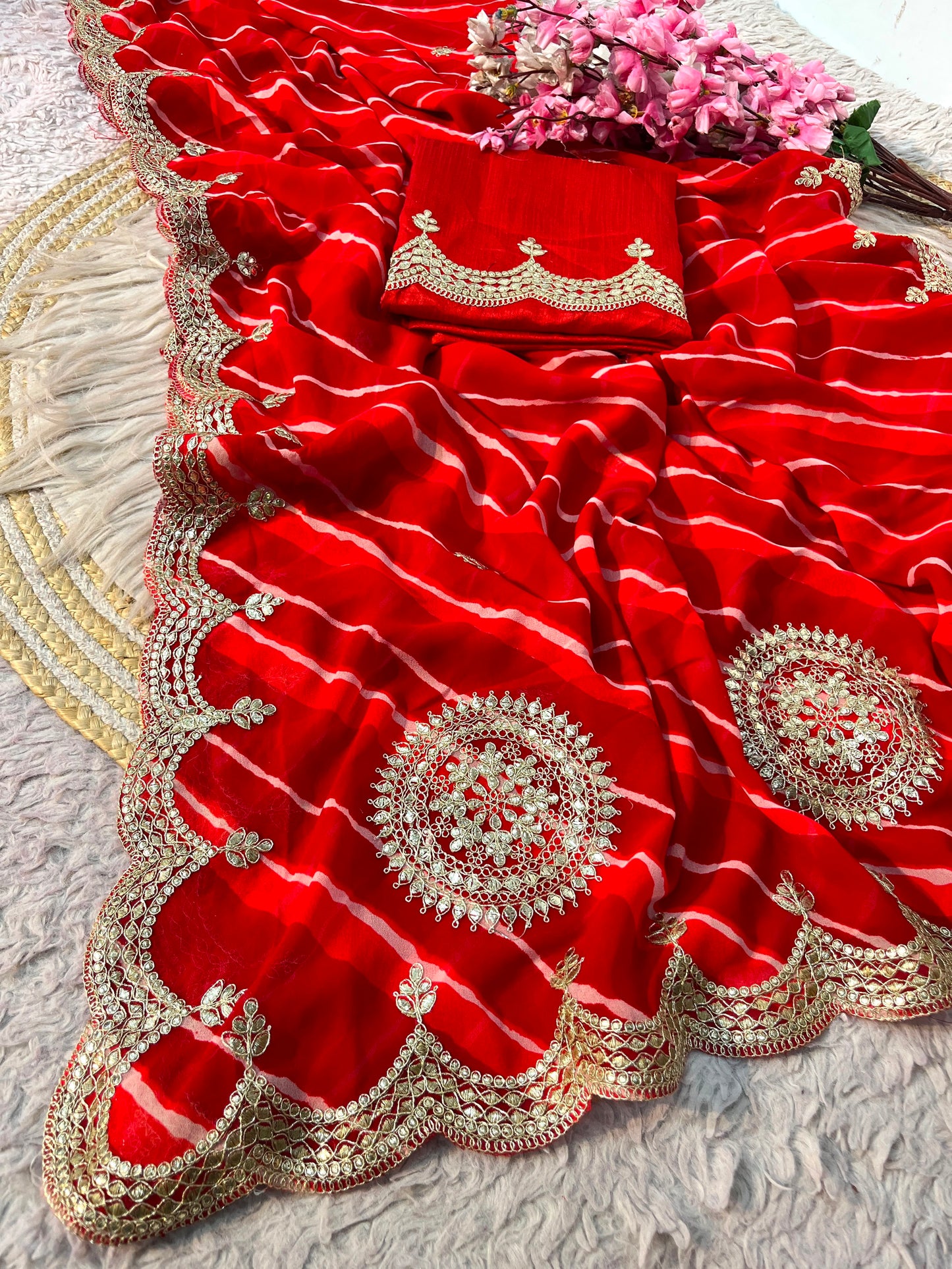 Traditional Leheriya Georgette Saree with Heavy Foil Gota Work & Cutwork Border