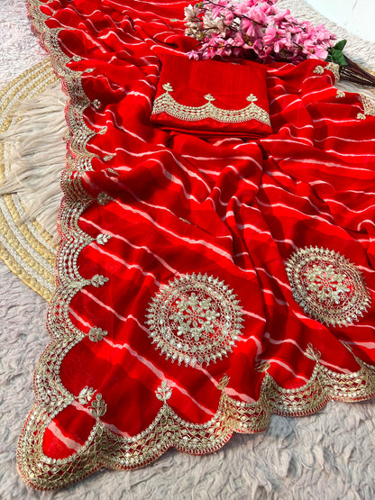 Traditional Leheriya Georgette Saree with Heavy Foil Gota Work & Cutwork Border