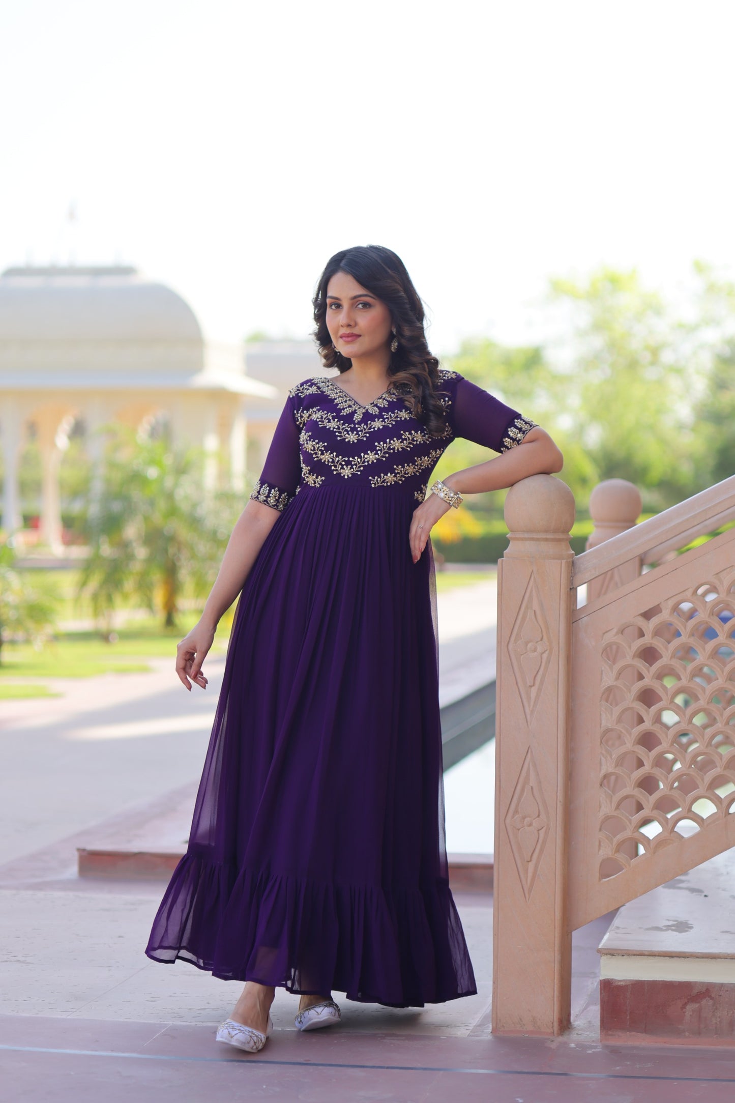 Premium ReadyMade Designer Gown | Faux Blooming Embroidered Party Wear Gown | Rama & Purple