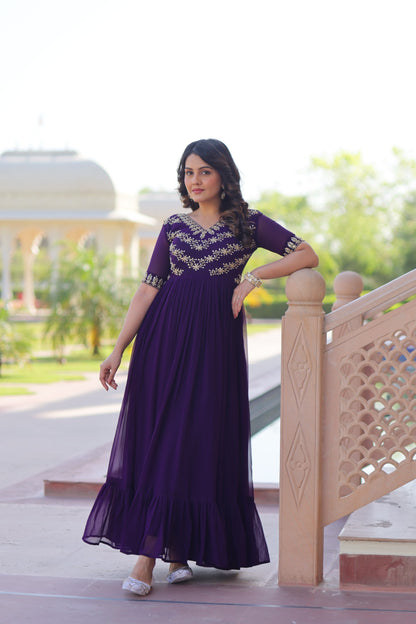 Premium ReadyMade Designer Gown | Faux Blooming Embroidered Party Wear Gown | Rama & Purple