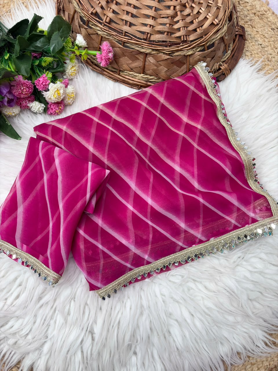 Georgette Leheriya Saree with Mirror Lace Border & Unstitched Blouse | Designer Party Wear Saree
