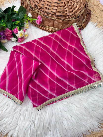 Georgette Leheriya Saree with Mirror Lace Border & Unstitched Blouse | Designer Party Wear Saree