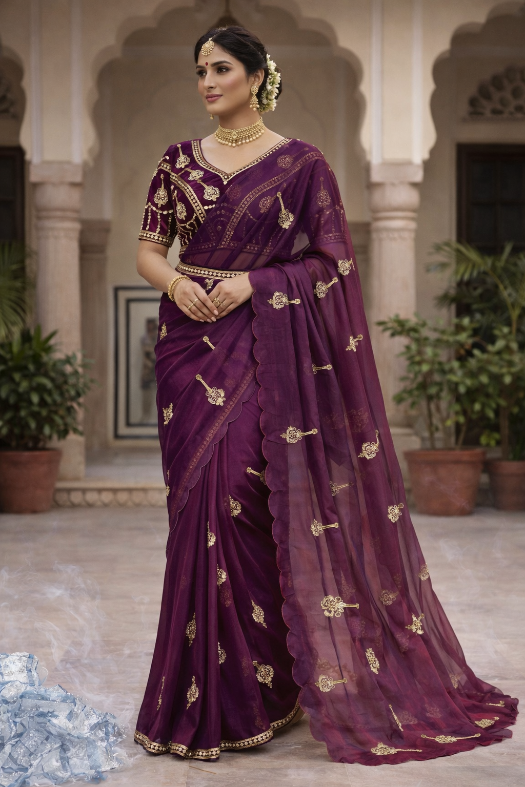 Bollywood Style Fandy Satin Saree with Khatli Embroidery Work & Designer Blouse