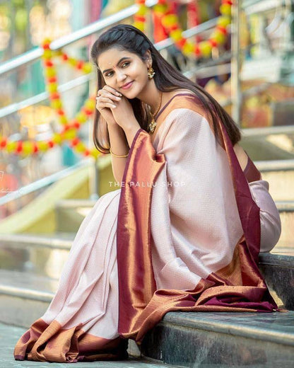 Cream Maroon Silk Saree
