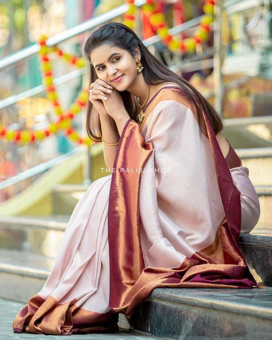 Cream Maroon Silk Saree