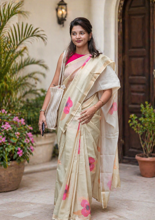 Flower Linen Saree – Soft Lightweight Floral Printed Designer Saree with Blouse